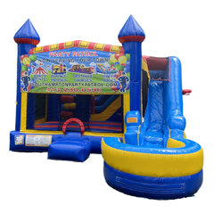 7-in-1 combo bounce house with slide set up in an Agawam backyard